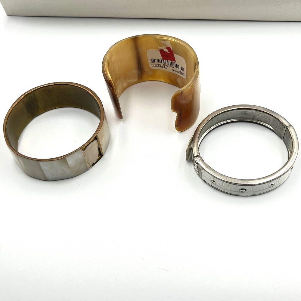 Vintage Bangle Set Mother Of Pearl Horn Style Faux Croc White Brown‎ Gold Silver